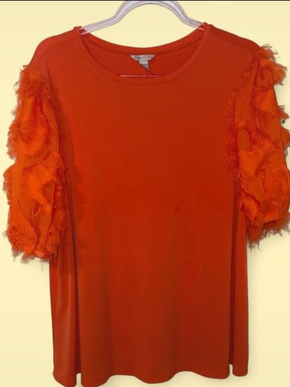 Cato Bright Orange Feathered Puff Sleeve Tee
